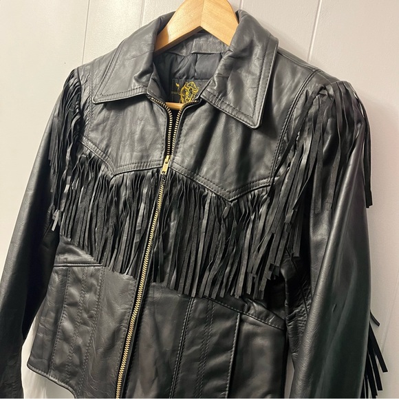 Vintage Branded Garments Fringe Leather Quilt Lined Jacket Black Biker Western - Picture 2 of 14